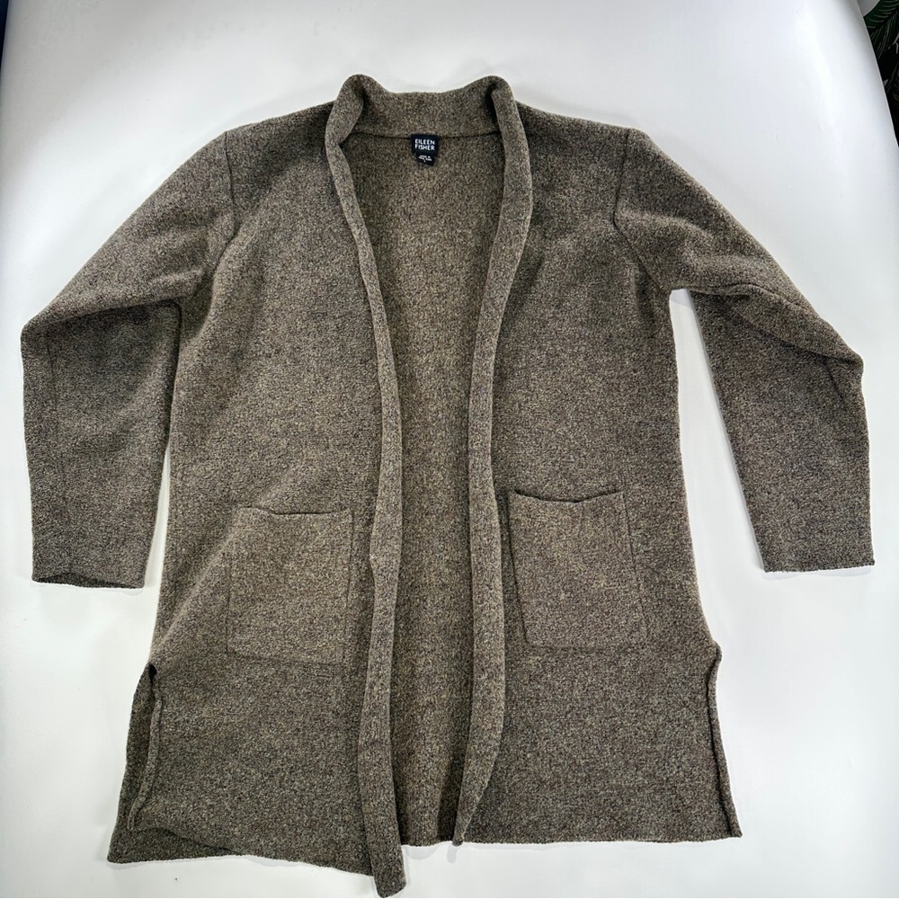 Eileen Fisher wool cardigan open front minimalist brown L - Picture 2 of 8